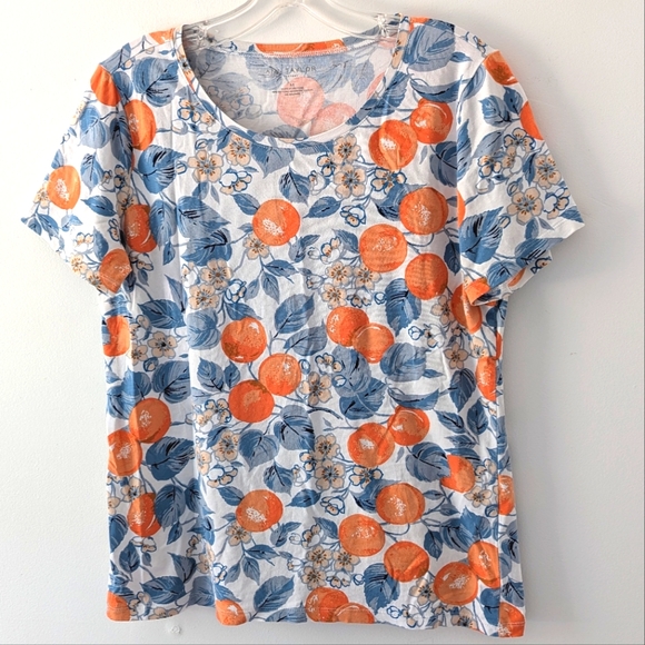 Ann Taylor Factory Tops - Ann Taylor Citrus Fruit Oranges 🍊 Scoop Neck Stretch Short Sleeve Shirt Medium